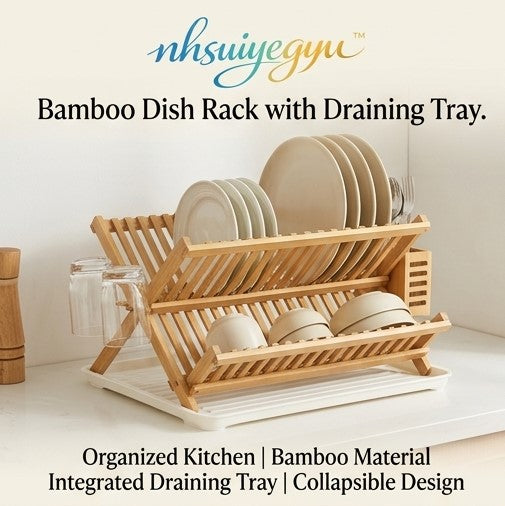 nhsuiyegyu™ Bamboo Dish Rack with Draining Tray