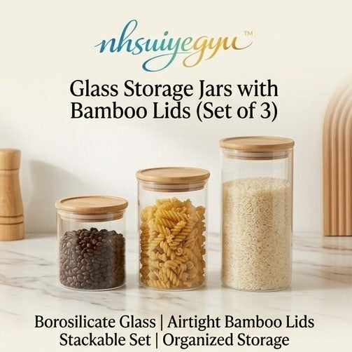 nhsuiyegyu™ Glass Storage Jars with Bamboo Lids (Set of 3)